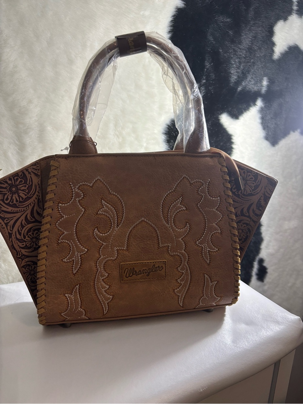 Wrangler Tan Embroidered Satchel with Floral Side Panels